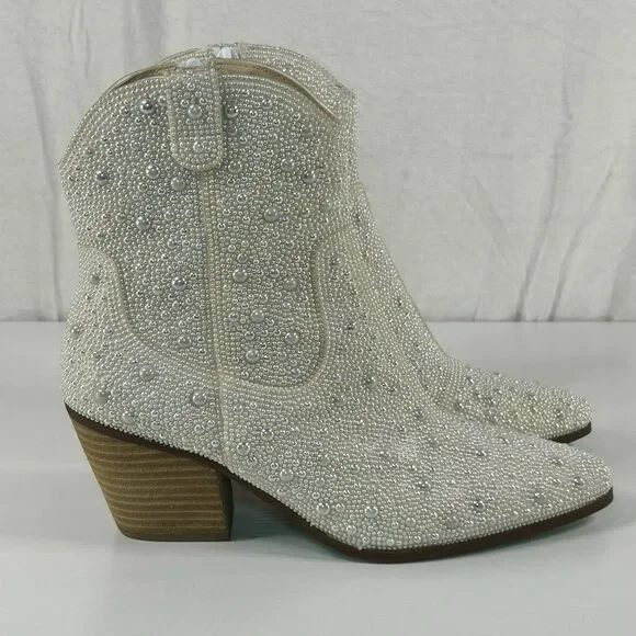 Betsey Johnson Emory Pearl Rhinestone Western Cowboy Boot Bridal Blue Sole 6.5 - Picture 1 of 8